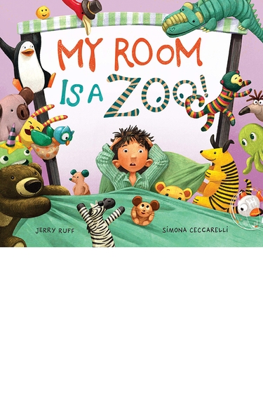 Book cover with illustration of child in green pajamas in bed with green blanket and pillow, surrounded by various animals; above child is text: MY ROOM IS A ZOO in red, blue and stripes