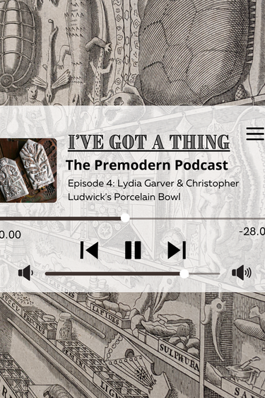 Album art advertisement for Premodern Podcast. Black and white sketch of an early modern market store. 
