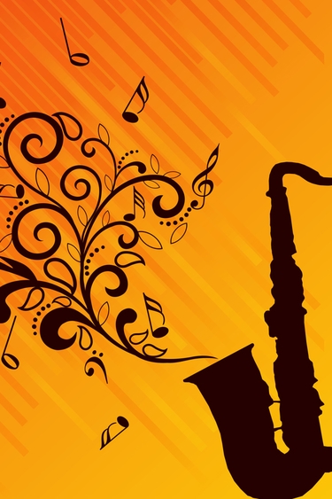 Vector saxophone emitting musical notes against orange background