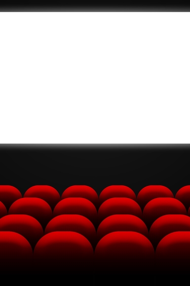 Graphic of movie theater - four rows of red seats in front of white film screen