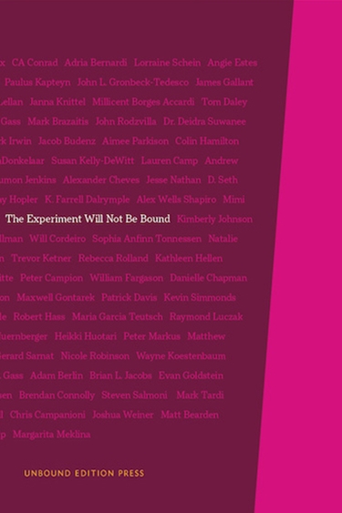Maroon rectangle flanked by hot pink shape on right; white text: The Experiment Will Not Be Bound