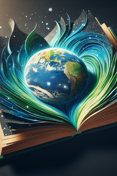 A 3D earth coming out of a an open book