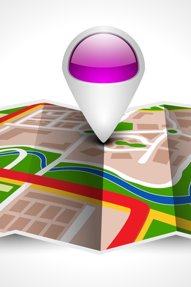 Graphic of pink GPS pointer on route map with gray background