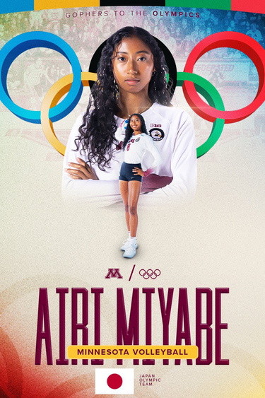 Graphic featuring volleyball player Airi Miyabe, the Olympic rings, and a Japanese flag