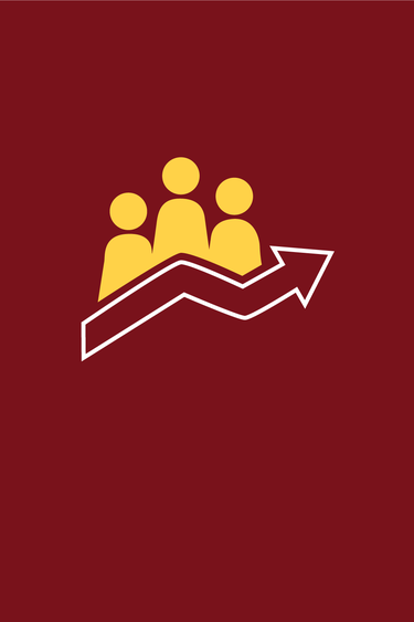 Gold and white line drawing of people and an arrow heading up on a maroon background