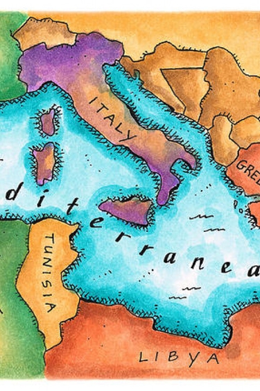 A brightly colored illustrated map of the Mediterranean Sea Basin