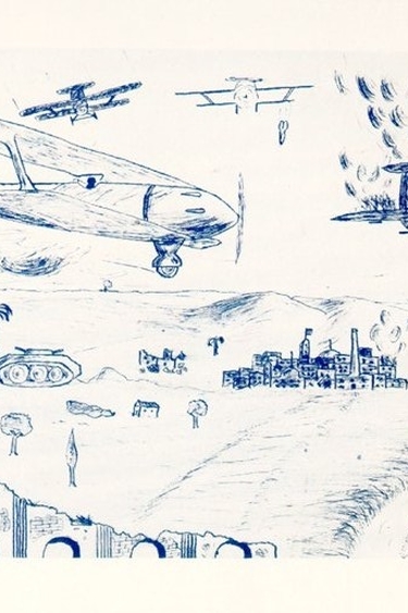 Image describing an aerial attack over a town