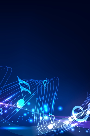 Graphic of musical notes floating in front of glowing blue background