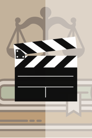 Graphic with background of scales of justice atop two books, foreground of movie clapperboard