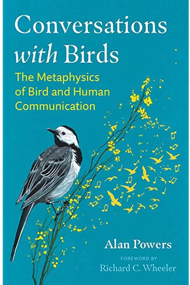 Blue background, illustration of bird with white head and grey wings perched on light green flowering stalk. Text in white and light green: Conversations with Birds: The Metaphysics of Bird and Human Communication, Alan Powers