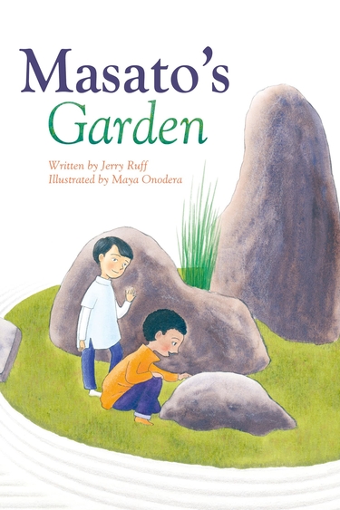 Book cover with graphic of two dark-haired people by three boulders; text reads: Masato's Garden, Jerry Ruff