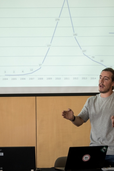 white man standing in front of a projected graph