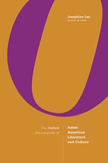Cover image of The Oxford Encyclopedia of Asian American Literature and Culture with large tilted purple O on orange background with small white title and author text