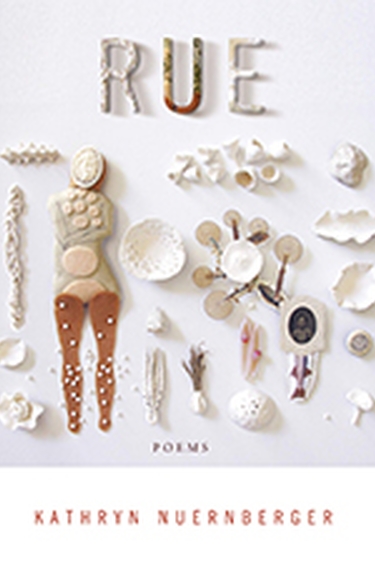 Cover image of RUE: 7/8ths a photo with off white background with figures of person, trees, clouds made out of real shells; title made of coral? bottom of white with orange text of author name