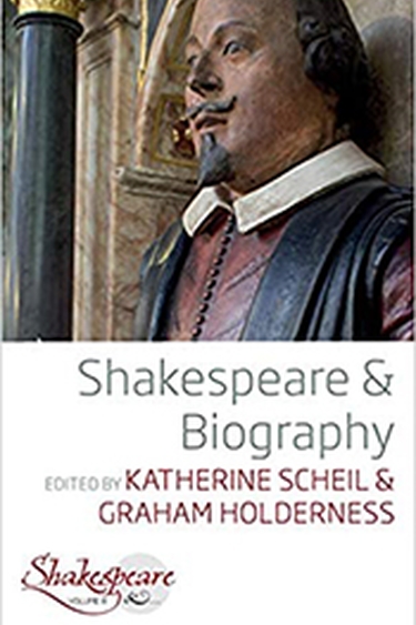 Cover image of Shakespeare and Biography with top half photo of a statue of Shakespeare from shoulders up and bottom half white background with title and author text