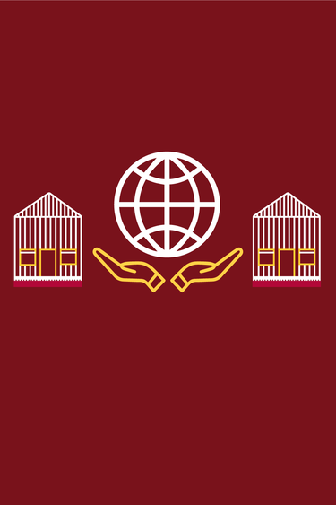 Gold and white line drawing of two buildings and hands holding a globe on a maroon background