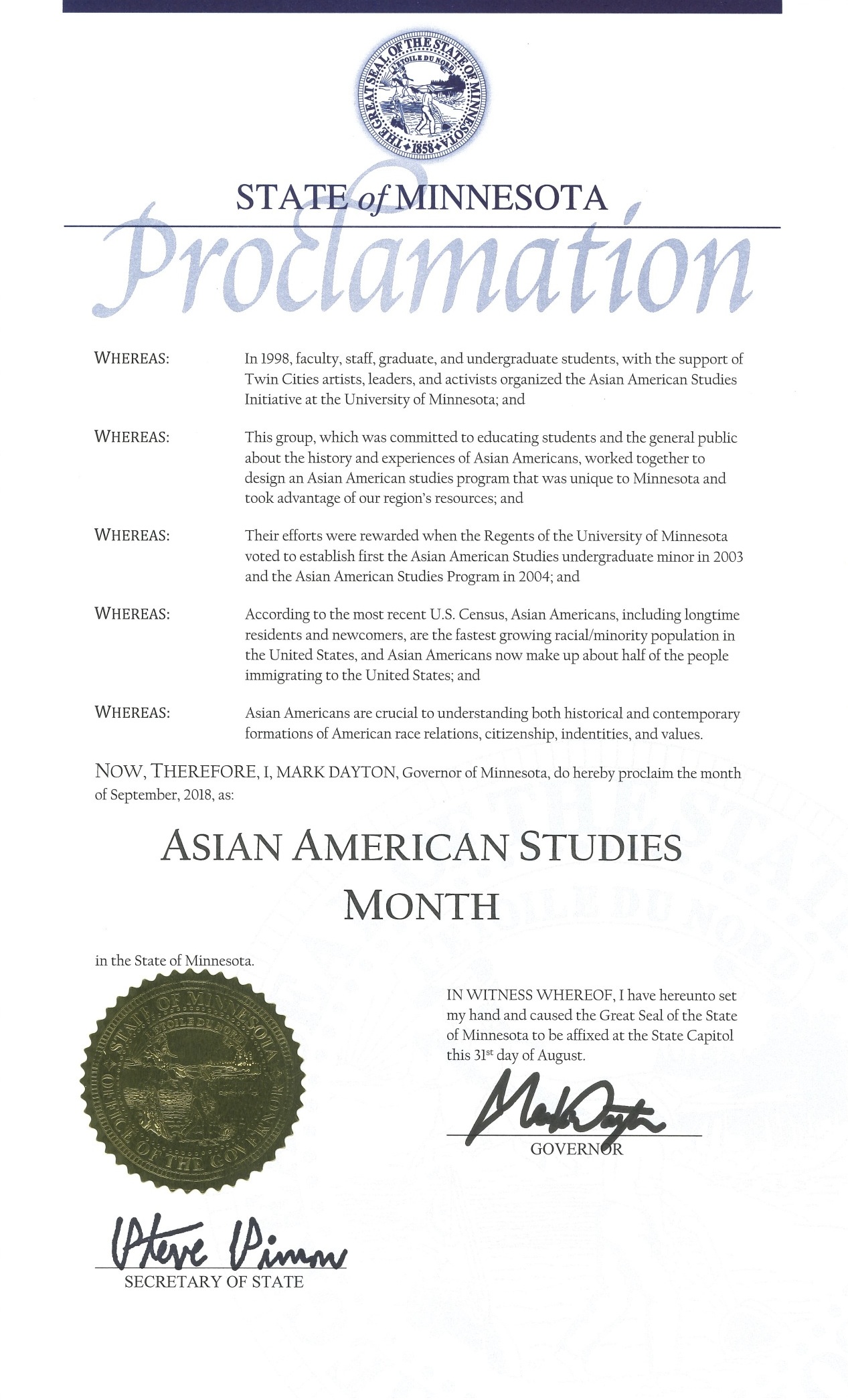 Image of the State of Minnesota Proclamation proclaiming Asian American Studies Month in September 2018