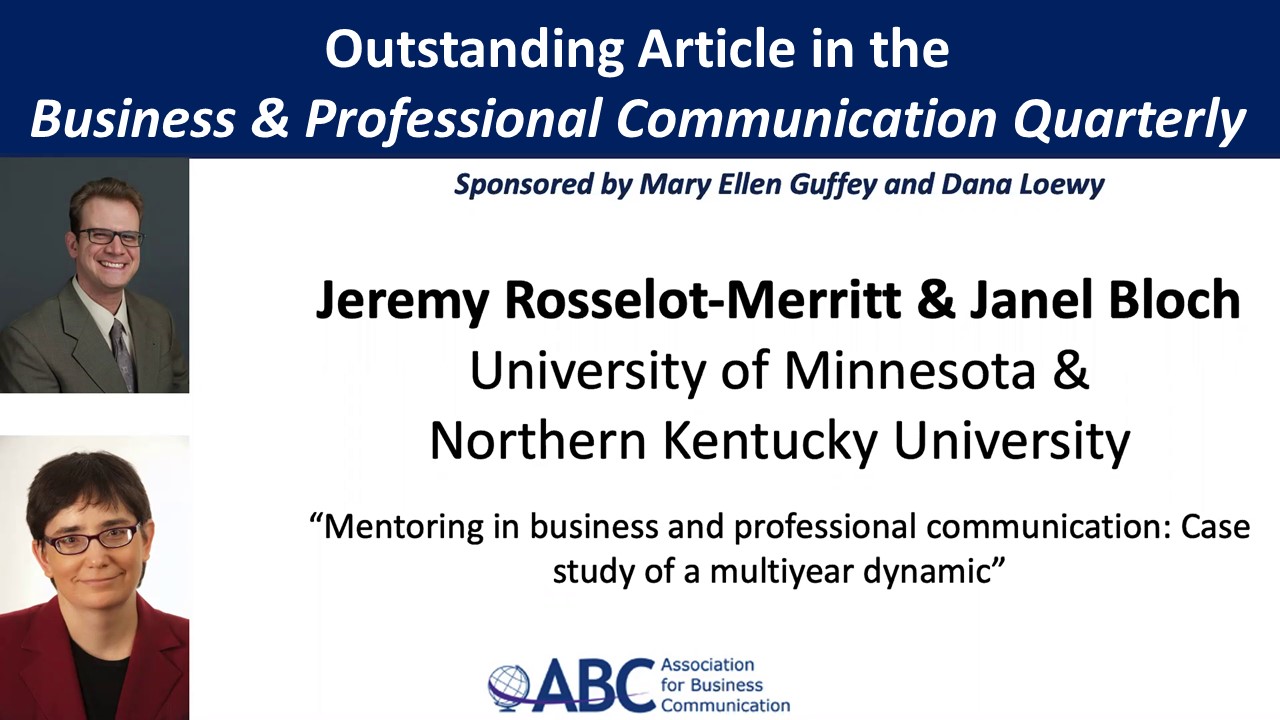 Slide image announcing Jeremy Rosselot-Merritt and Janel Bloch as recipients of the award for Outstanding Article in Business and Professional Communication Quarterly