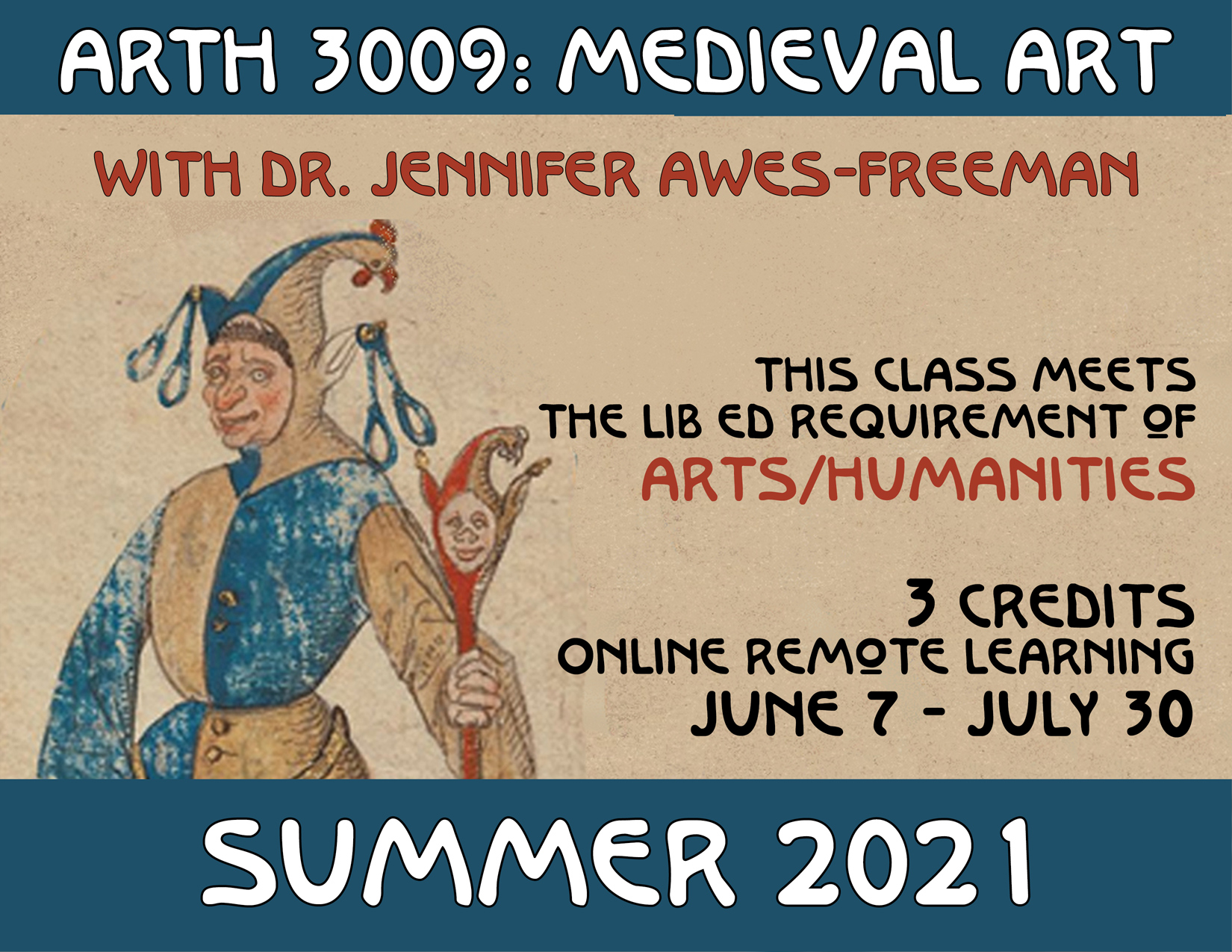 Poster for ARTH 3009 Medieval Art showing a court jester and the class details