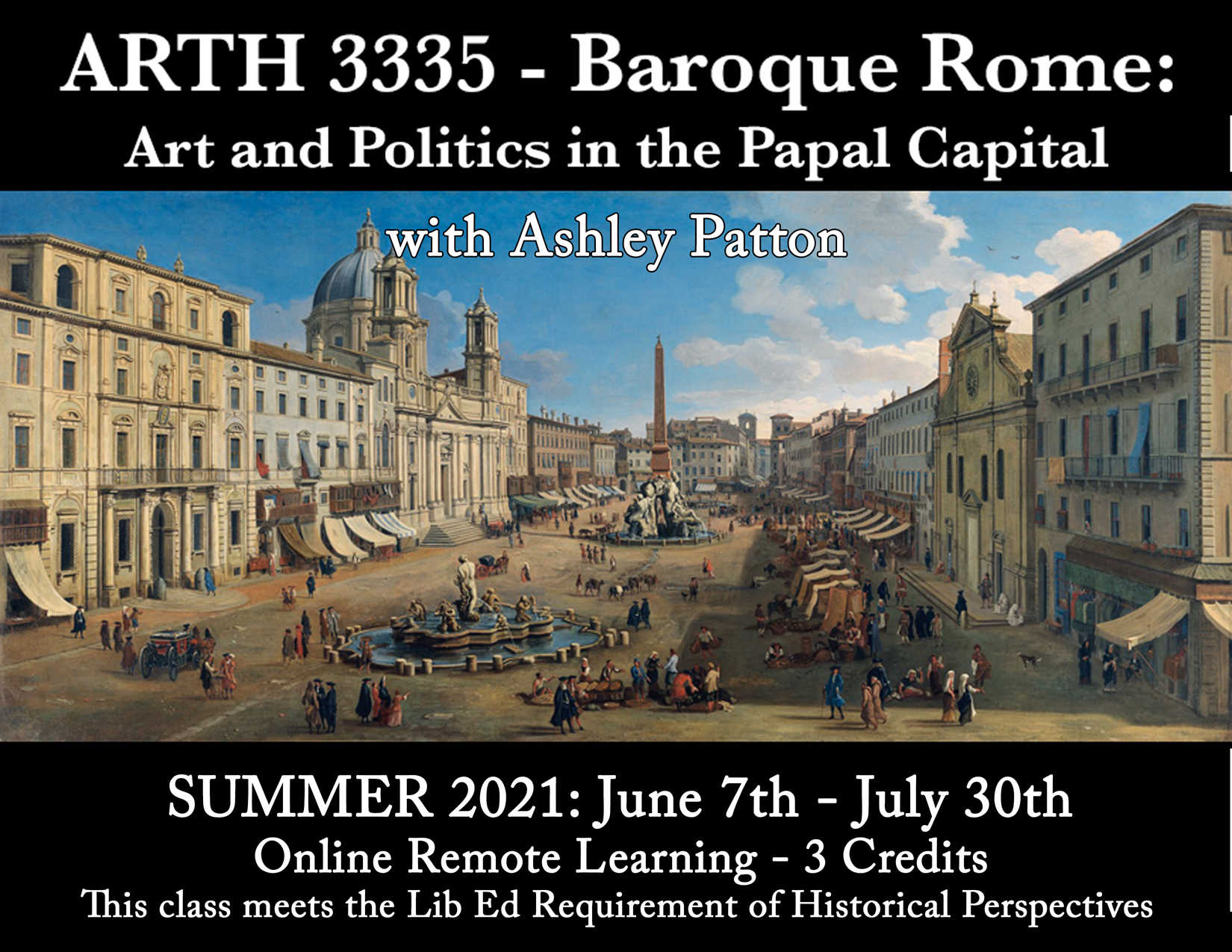 Course poster for ARTH 3335 showing the city of Rome and the class details.