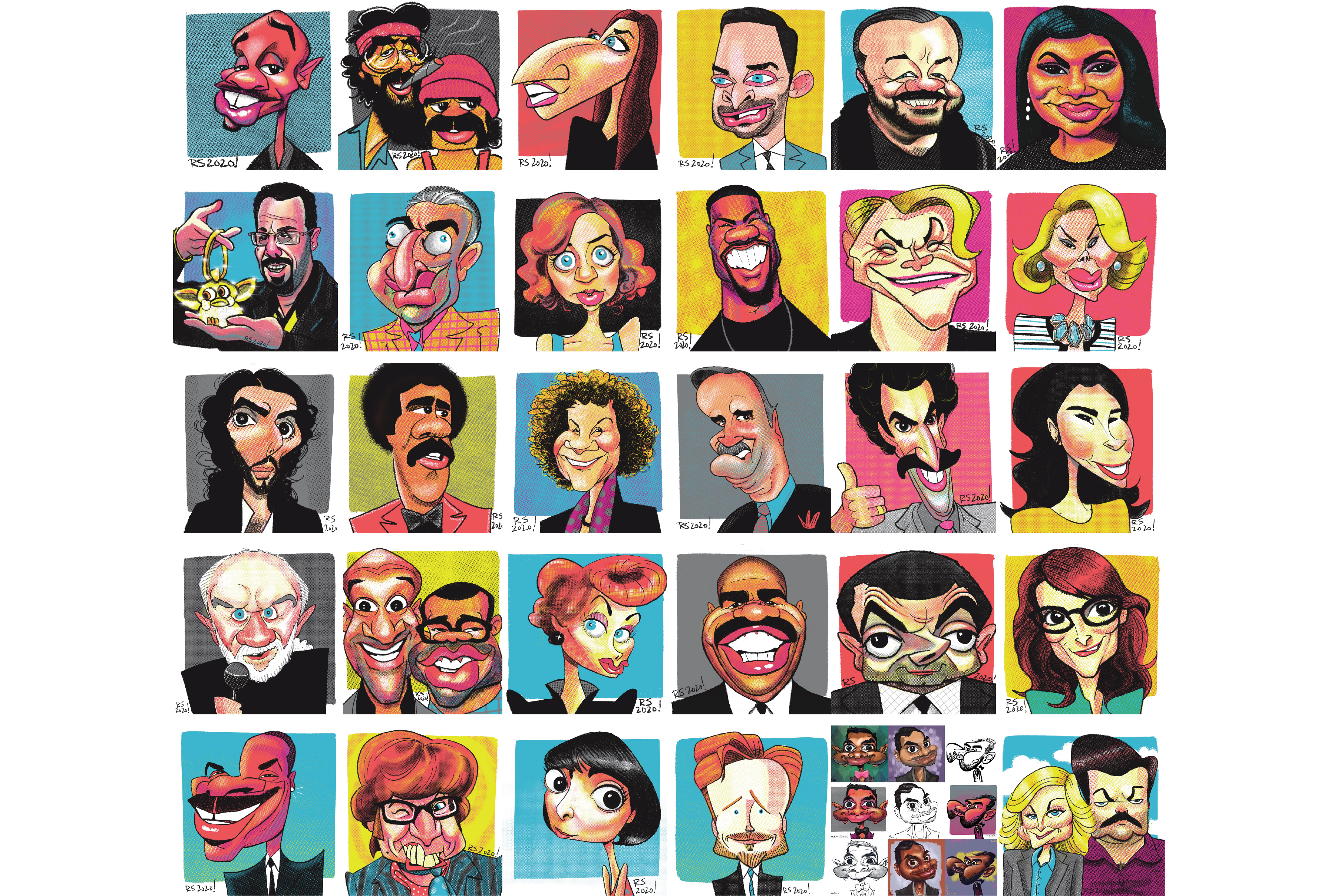 Grid of caricature drawings featuring 30 celebrities