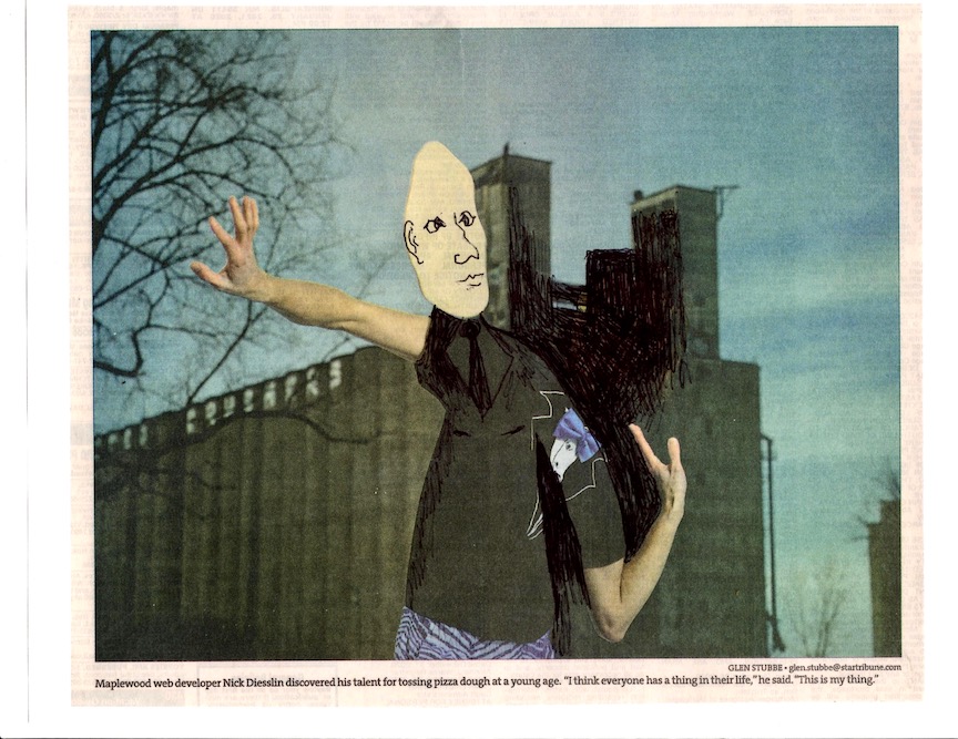 newspaper photo of a person. The photo has been altered with drawing to show their head being tossed around like pizza dough