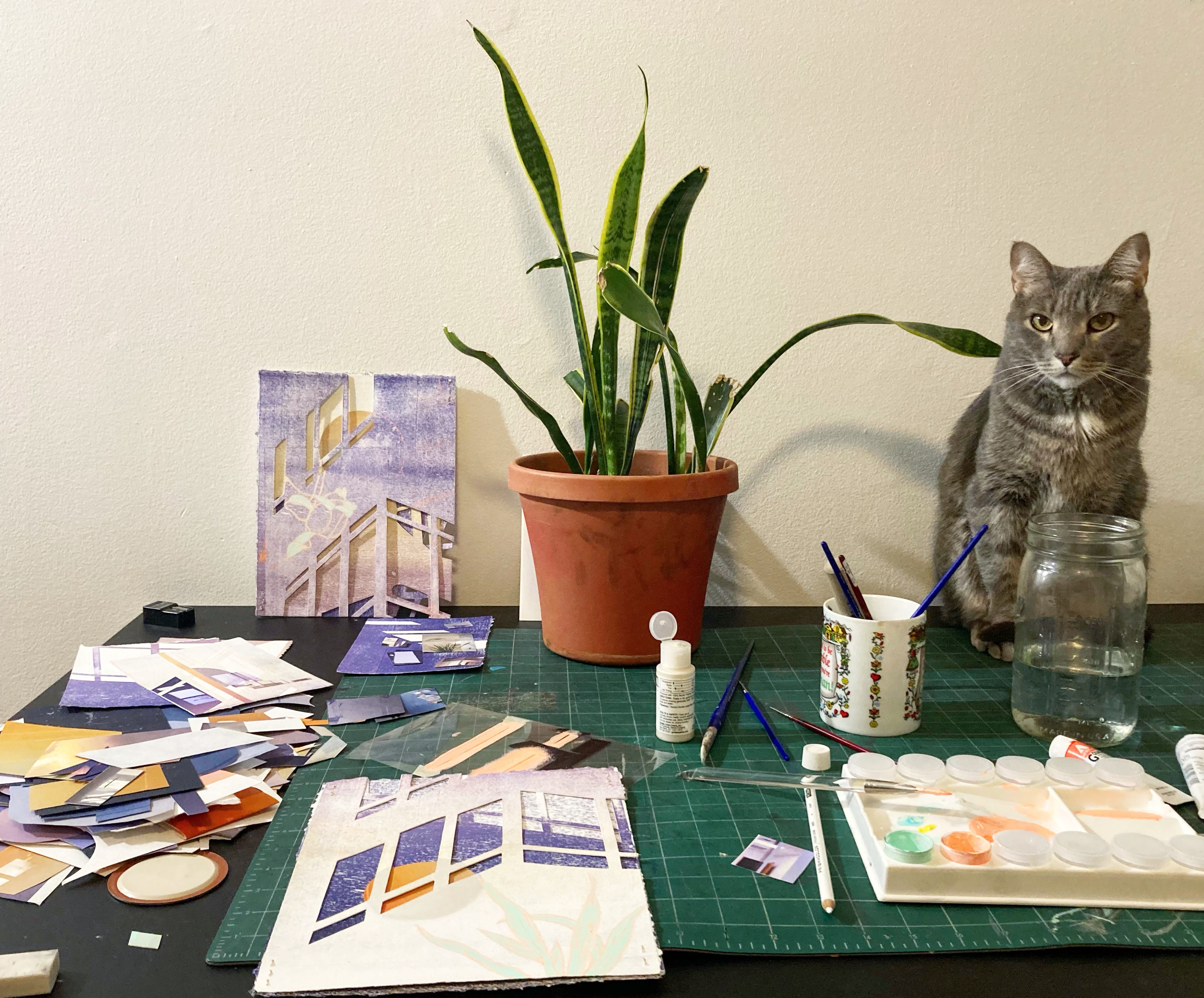 Work table with collage images, paper, paint, and other art supplies. A cat sits at the edge of the art space looking at the camera. 