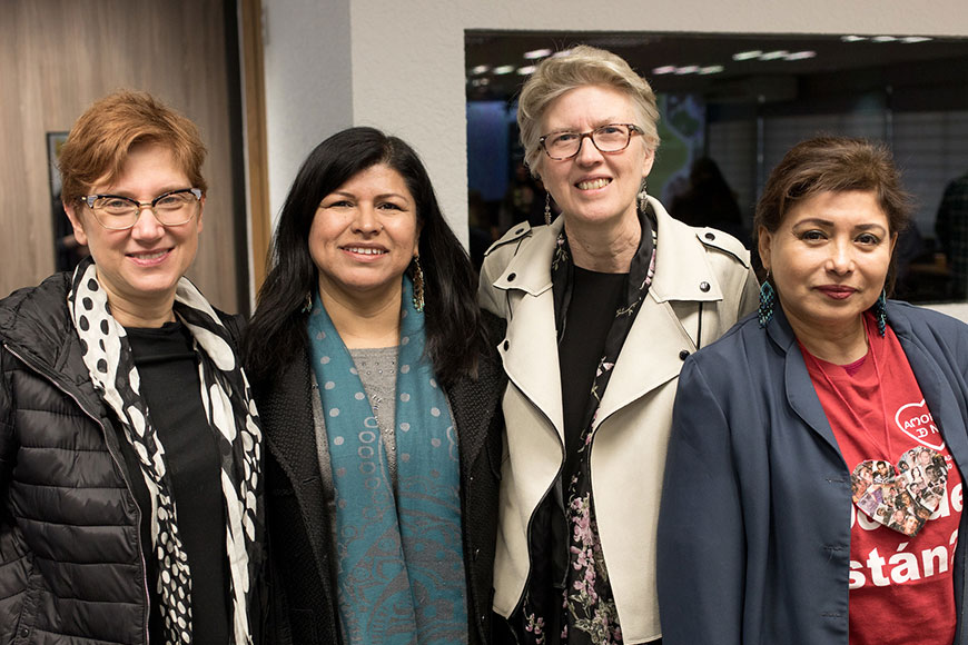 Photo of Barbara Frey, co-investigator Karina Ansolabehere, and AMORES leaders Edna Juarez and Leonor Flores