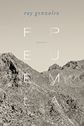 Cover image of Ray Gonzalez' Feel Puma, with black and white photo of desert mountain as background and title in two vertical rows