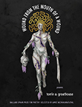 Cover image of torrin greathouse's Wound from the Mouth of a Wound with black background and full body image of Medusa with gold snakes in hair like a halo, a man's head in one hand and a sword in the other, with purple rips in the body and flowering vine