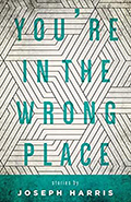Cover image of Joseph Harris' You're in the Wrong Place with white background, black lined geometrical designs, and the title text in aqua, the author's name in white on a transparent bar of aqua at the bottom