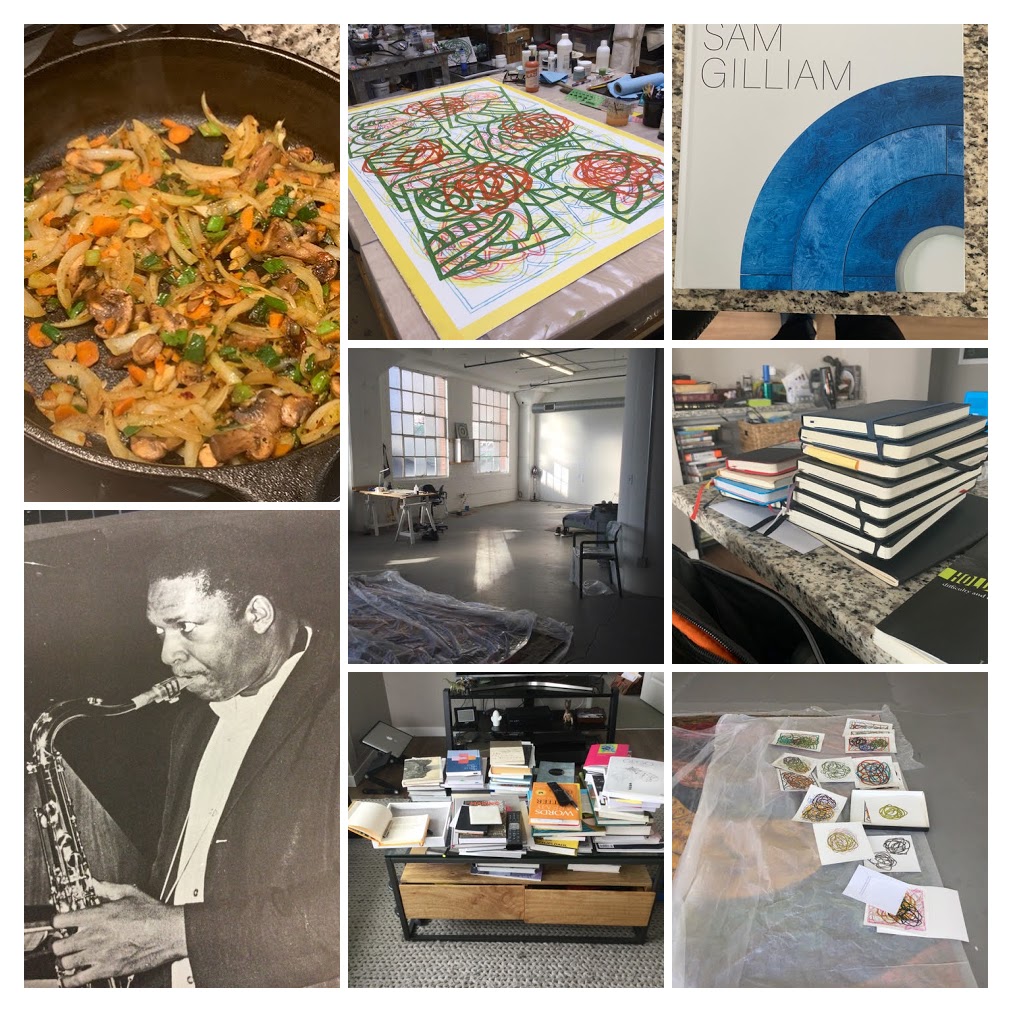 Collage of Clarence's studio, stacks of journals, jazz album covers and delicious food cooking