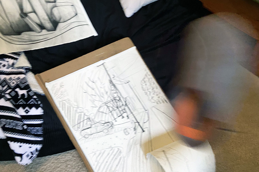 Drawing with a blurry shoe being thrown at it