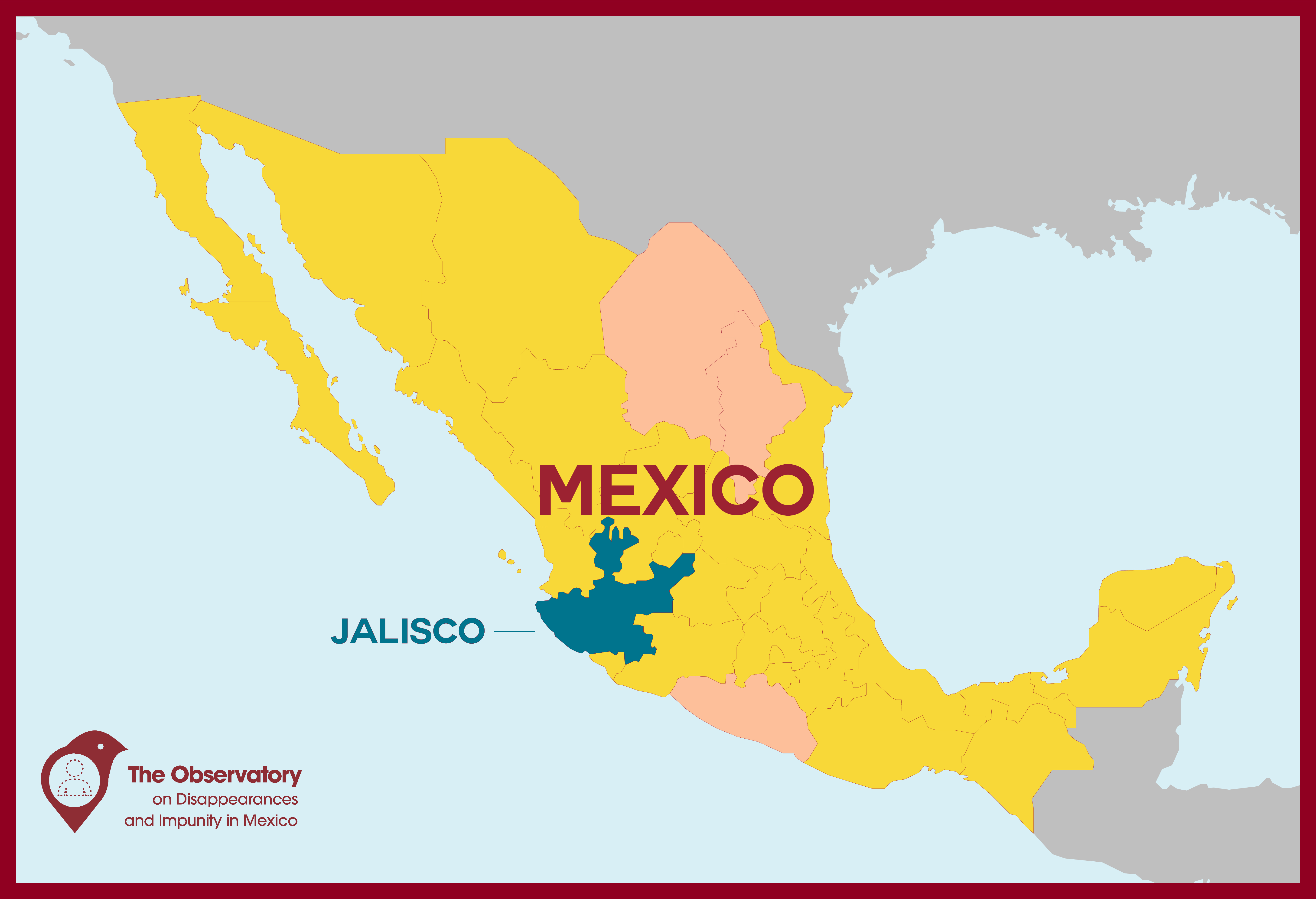 blue and yellow map showing location of jalisco in mexico