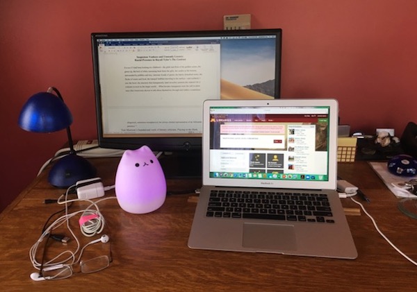 Photo of Prof Josephine Lee's desk with eyeglasses and pink plastic cat