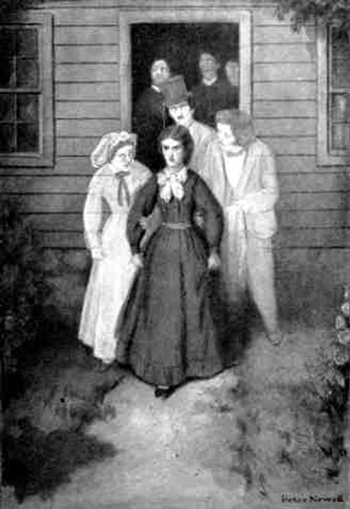 Original black and white image from Mary E. Wilkins Freeman’s “Luella Miller” showing woman in long black dress leaving doorway of building with three ghostly (transparent) people around her and three more substantial figures behind in the dark interior