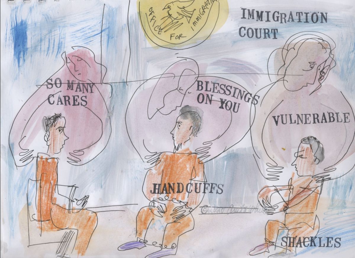 Artistic drawing of immigration court with observers supporting detained individuals appearing in the court.