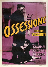 Movie poster of Ossessione (1947) with lavender wall background and woman in black dress hugging legs of figure in black