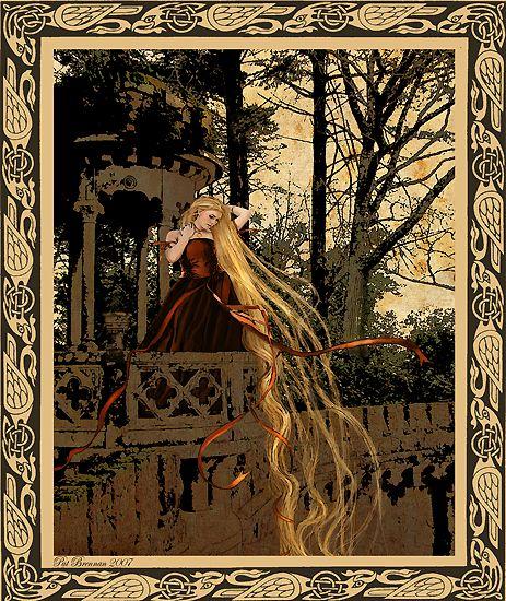 Rapunzel in a red flowing dress with long blonde hair stands in an open tower at dusk looking down upon a subject, unseen by the viewer.