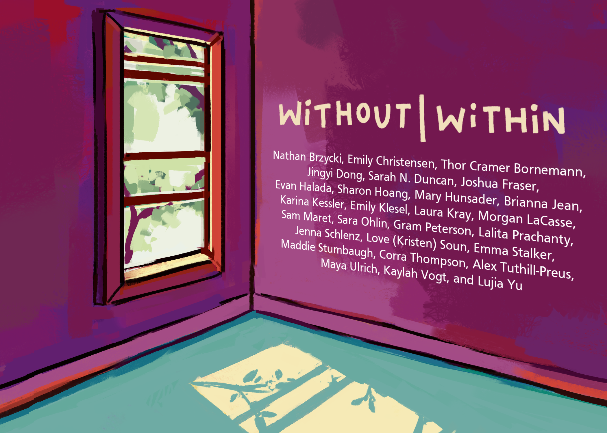 Graphic illustration of the interior of a room with on window with the title "Without|Within" on a wall of the room.