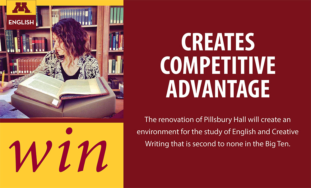 Image of Pillsbury Hall with text: Creates Competitive Advantage. The renovation of Pillsbury Hall will create an environment for the study of English and Creative Writing that is second to none in the Big Ten. 