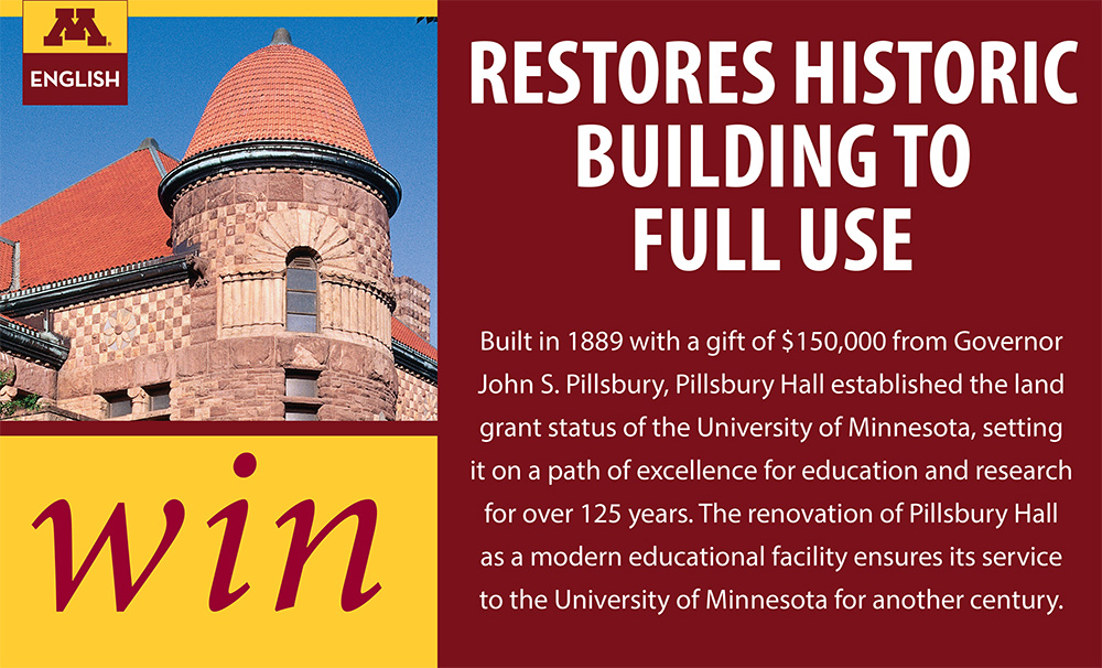 Pillsbury Hall with text: Restores Historic Building to Full Use. Built in 1889 with a gift of $150,000 from Governor John S. Pillsbury, Pillsbury Hall established the land grant status of the U. The renovation ensures its service for another century. 
